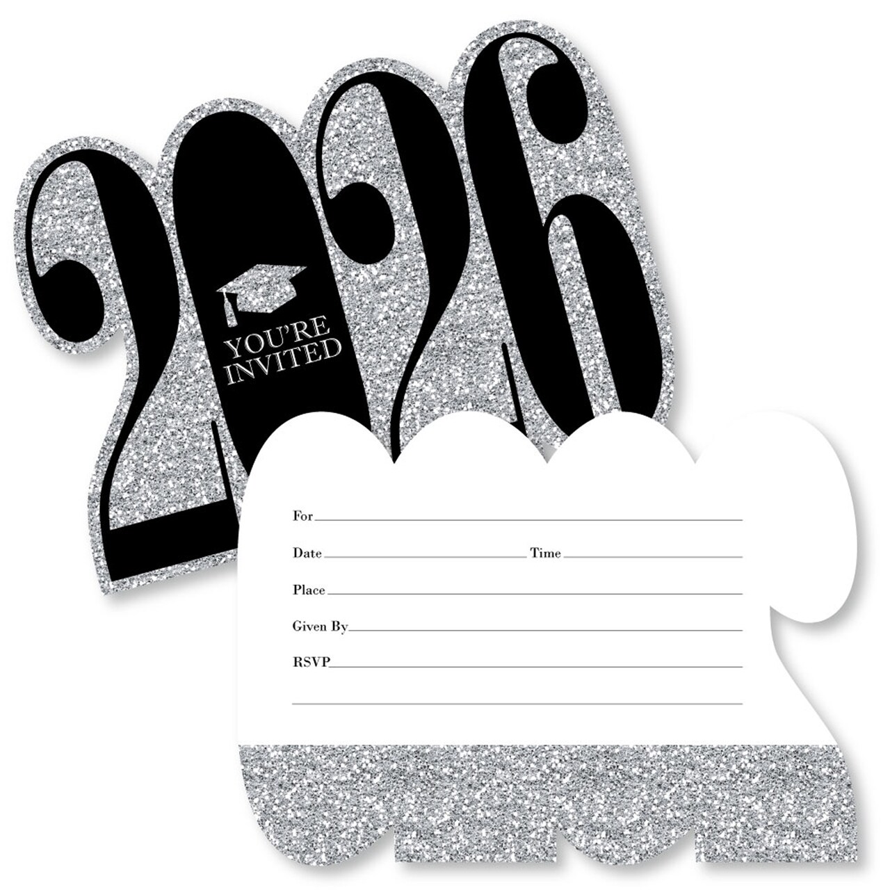 Big Dot of Happiness Silver 2026 Graduation Party Invitations - Shaped Fill-In Invite Cards with Envelopes - Set of 12